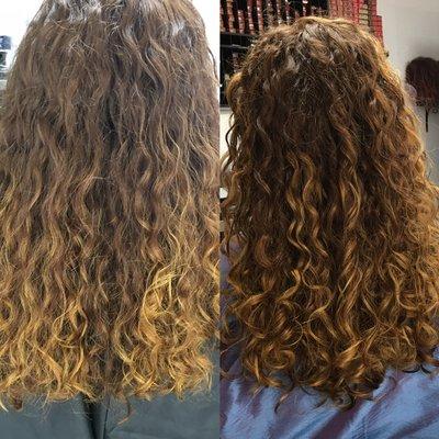 Curly girl cut, fresh balayage to achieve a natural look and a copper toner for POP!