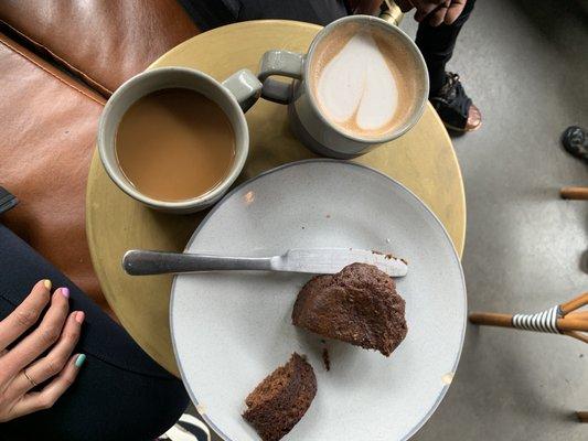 Morning Glory Muffin, Americano with Oat Milk and a Mocha Latte