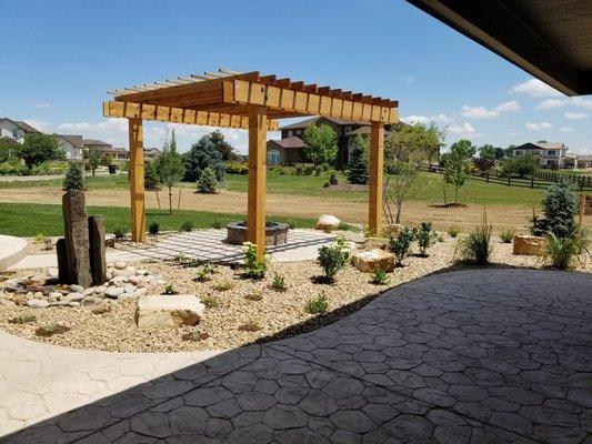 Paver Patio, Pergola, Fire pit, with stamped concrete patio