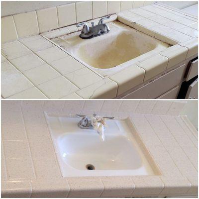 Before and after - Reglaze bathroom sink, grout and tile