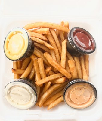 Order of fries + sauce: honey mustard, ketchup, ranch, comeback sauce