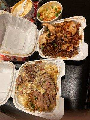 Mac and cheese with smoked pork, Japanese fried rice with smoked chicken, potato salad