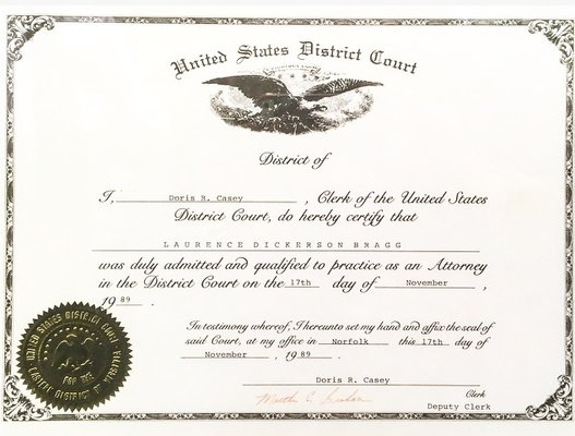 Laurence Dickerson Bragg is admitted and qualified to practice law in the U.S. District Court (Eastern and Western Districts of Virginia).