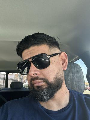 Fade, with flat razor line up, beard trim