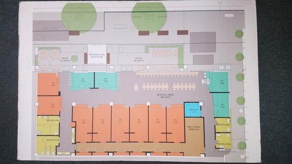 This is the floor plan for TTMP! The inside will have 12 food vendors serving a variety of delicious dishes, and 6 outdoor kiosks.