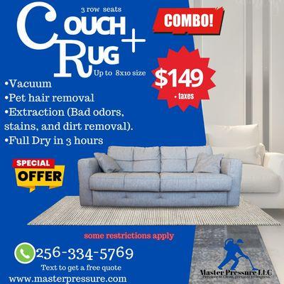 Revitalize your home.  Impeccable carpet and sofa cleaning for only $149 + taxes.  Two in one for a fresher, cleaner and  cozier home!