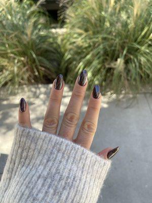 Brown gel polish with chrome on top