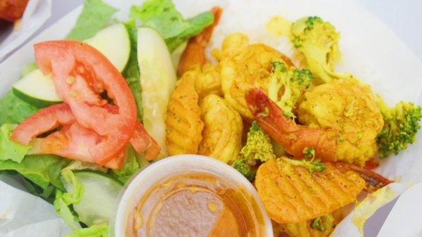 curry shrimp, jasmine rice, garden salad with ginger dressing