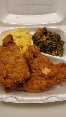 Box lunch - fried chicken, greens, and mac & cheese