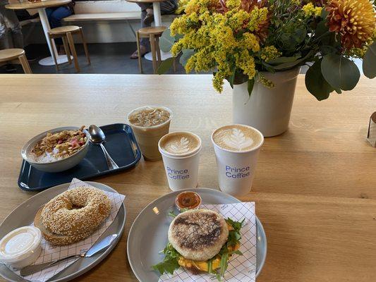 Chia Pudding, Bagel and Cream Cheese, sweetheart breakfast sandwich and some latte