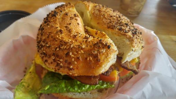 Crazy egg sandwich with bacon on an everything bagel. Crazy delicious. Crazy!