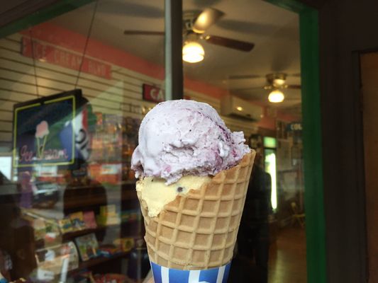 Waffle cone with Wild Blueberry and Graham Station