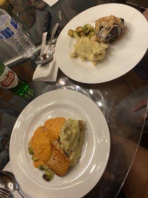 Salmon and beef tenderloin with mashed potatoes and Brussel sprouts sides