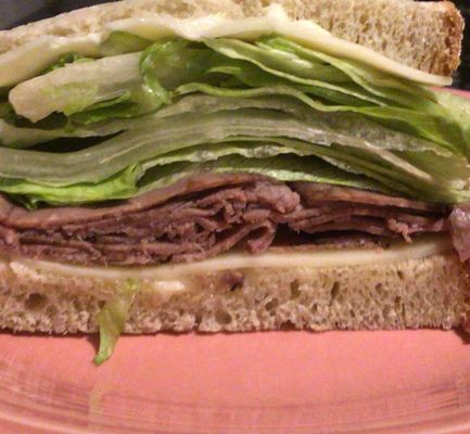 Lettuce with some roast beef, mayonnaise and 2 sad slices of lettuce.