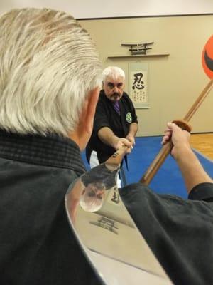 Members learn samurai arts: sword (katana), pole arm (naginata), spear (yari), bo (staff), hanbo, kubotan & jujutsu.