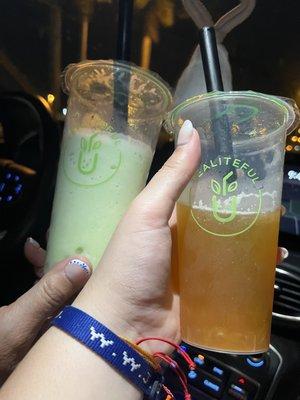 honeydew melon smoothie with lychee pearls  mango tea with mango jelly pearls