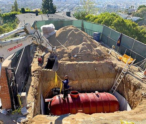 Underground rainwater cistern during construction.