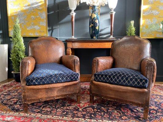 Art Deco leather club chairs - imported from France - new Christian Lacroix Nimes fabric cushion - circa 1930