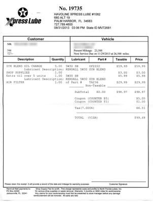 Invoice for $60.00 oil change.  Also includes air filter.