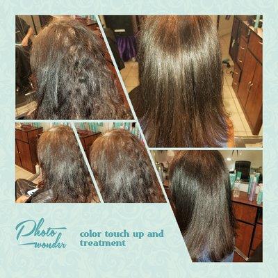 Before and after root touch up and gloss and treatment