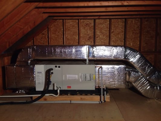 Heat and a/c unit in a attic space. All duct work is out of the way for storage room.