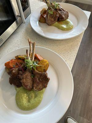 Pan Seared Lamb Chop w/ herb aioli, roasted potatoes & carrots