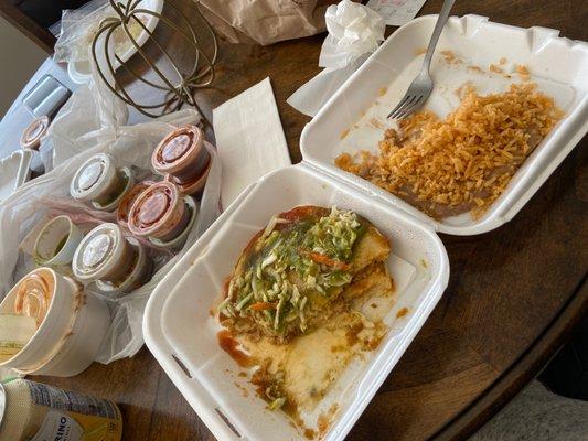 Chorizo/Cheese Pupusa, Pork/Cheese Pupusa, Rice & Beans