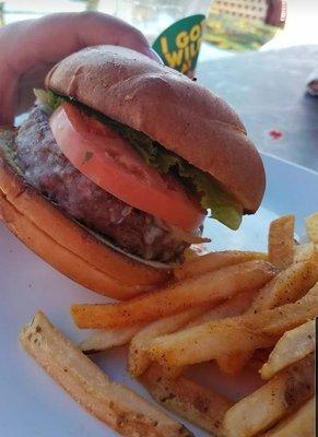 Presto's NY Style Burger: 1/2 lb bacon cheeseburger, bacon, mushrooms, sautéed onion, American cheese, lettuce, tomato, served with fries