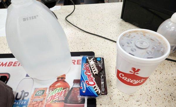 Diet coke, cupcakes (no donuts left) and distilled water for my CPAP