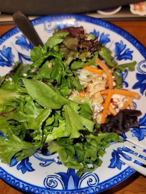 Pasta salad - handful of lettuce, sunflower seeds, carrots, green and black olives, tomatoes and rotini. No spices, dry, and no cheese.