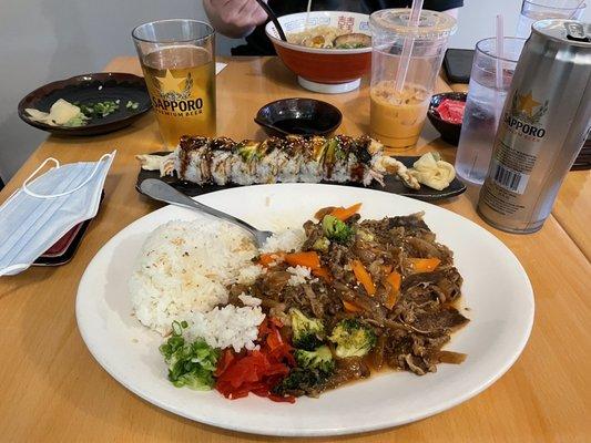 Beef Teriyaki with Vegetable and Rattlesnake Roll.