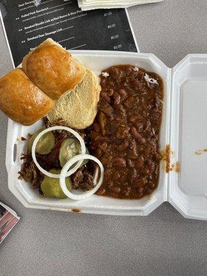 Pulled pork sandwich and red beans and rice