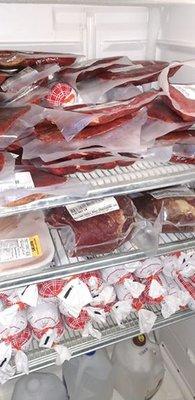 Here is what typical freezer of meat from Rolling Knoll looks like. This is 1/4 steer. You're not seeing it all.