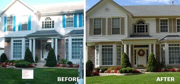 Before & After Picture - New Siding, Shutters, Soffit & Fascia, Gutters.