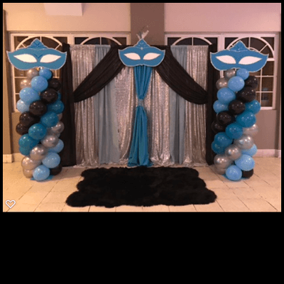 Masquerade theme birthday party, backdrop and balloon columns. Contact us for a quote