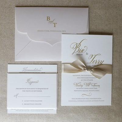 Taupe Letterpress and Gold Foil Stamped Wedding Invitation