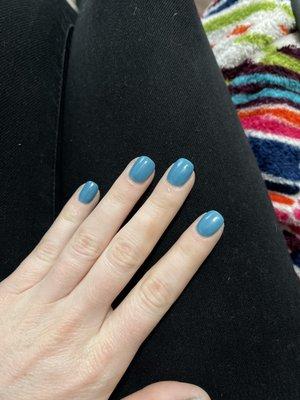 The color that went on my nails. CLEARLY a turquoise/bright blue.