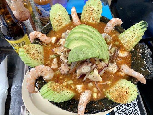 Super mixta in the giant molcajete.