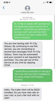 Text 1 of 2 with Tri City Subaru.