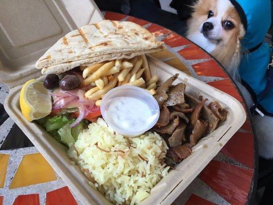 Gyro Combo: Beef & lamb gyro, rice pilaf, salad, fries, pita, tzatziki | $12