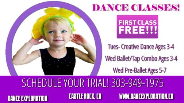 Your first class with us is always free! Give us a call at 303-949-1975 to schedule!