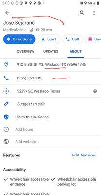 Yelp!, Dr Jose D Bejarano's office is in WESLACO, not Mission.