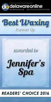 2016 Readers' Choice Delaware for BEST Waxing - Jennifer's Spa Runner Up Award -2nd Finalist