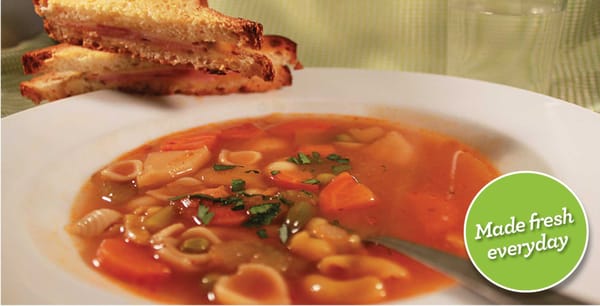 Minestrone Soup served with Grill Cheese or Turkey & Cheese sandwich.