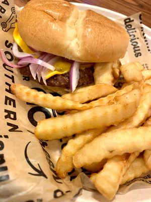 Cheese Burger w/onions & fries . Burger was very dry.