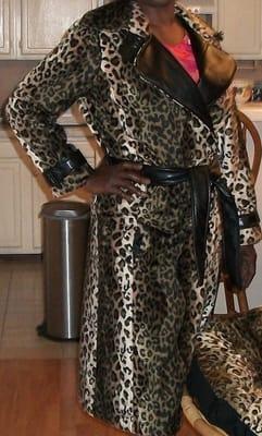 This is a custom made coat made out of imitation leopard skin. It's a  very comfortable fit made by Magnifique Stitches.