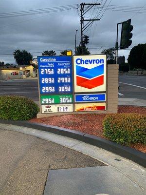 $2.75 per gallon 87 octane cash or Chevron card otherwise $.10 more per gallon April 11, 2020