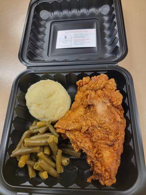 Southern Fried Chicken with green beans and mashed potatoes.