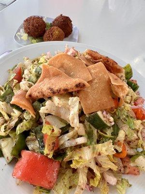 Fattoush salad with a side of falafel.