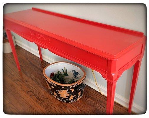 Originally, this hall table was ornate mahogany - a classic.  Painted modern tones bring life to rooms.